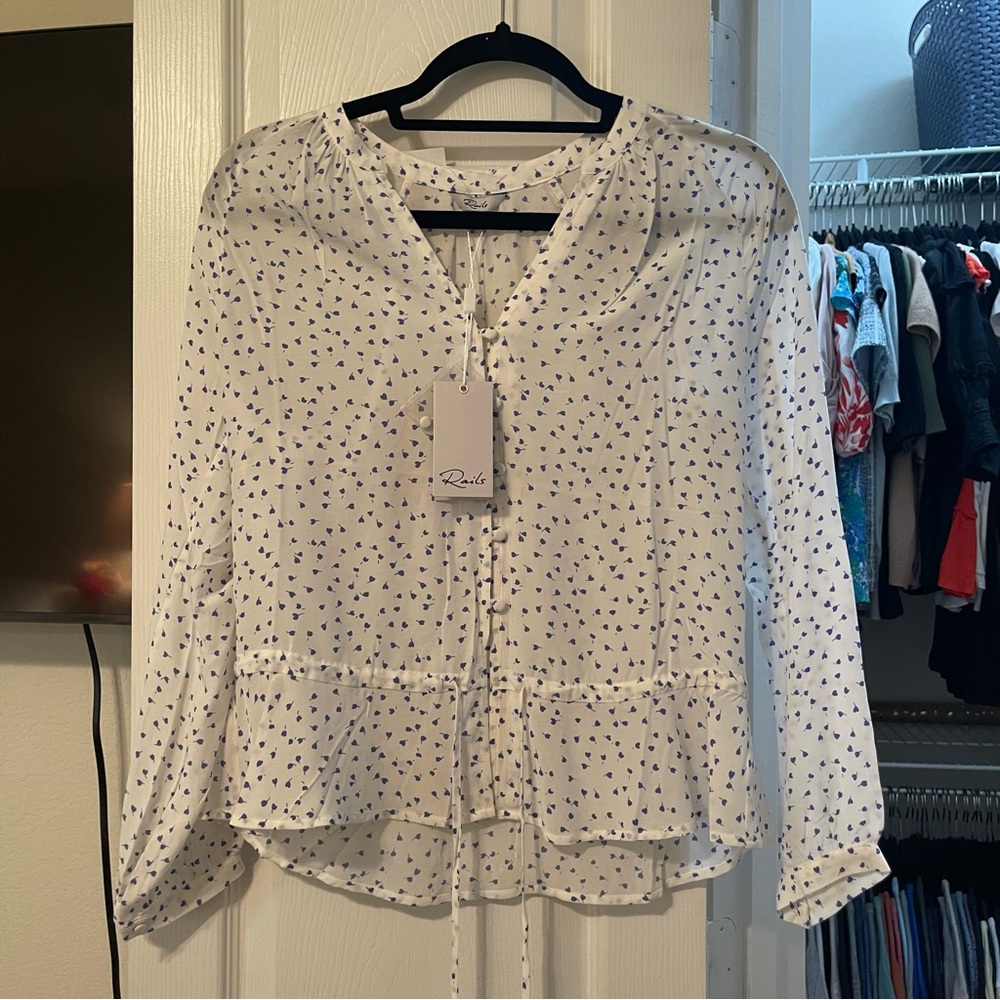 NWT Rails Mini Blue Heart Ruffle Hem Blouse - XS